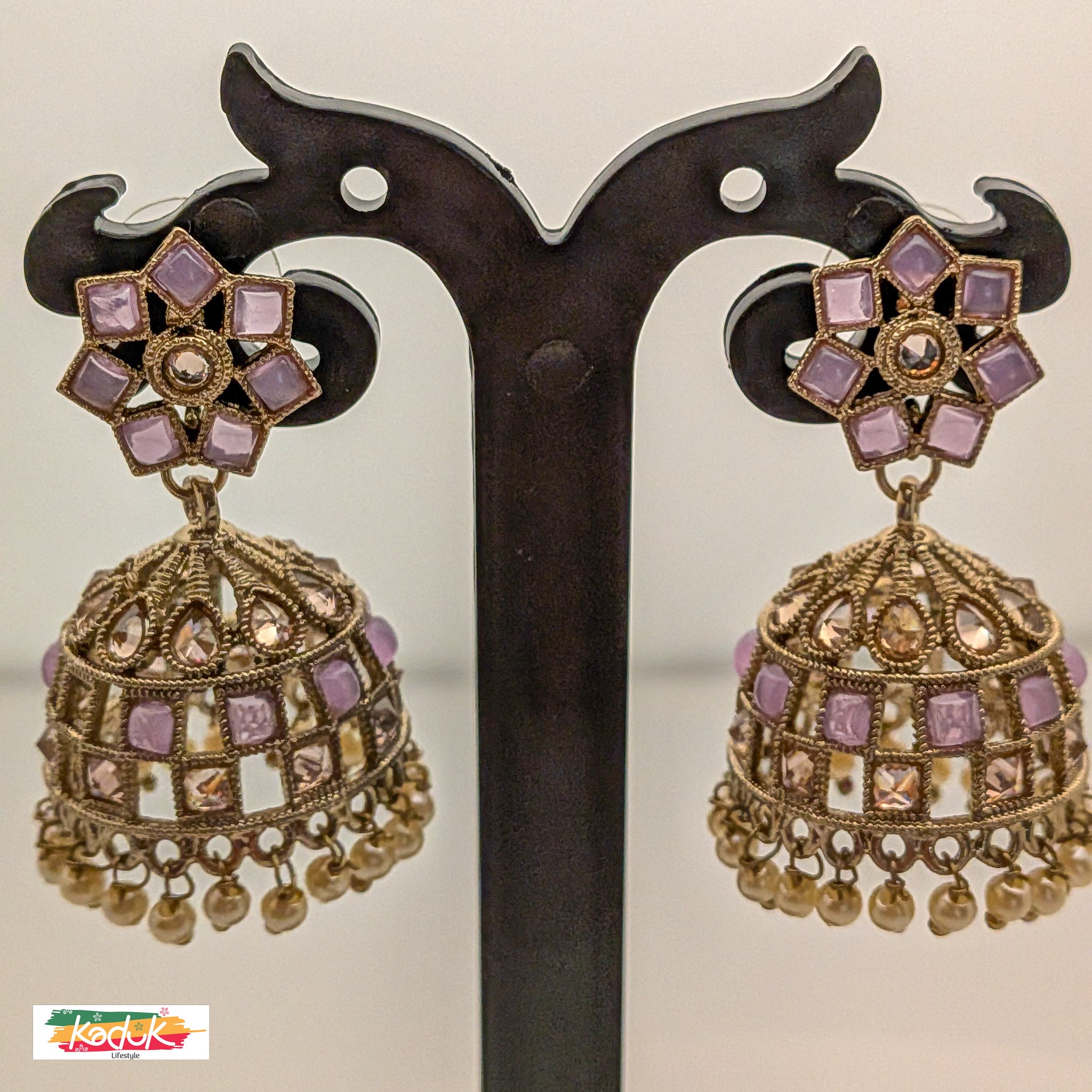 Lavender Kundan Jhumka Earrings with Pearl Detailing