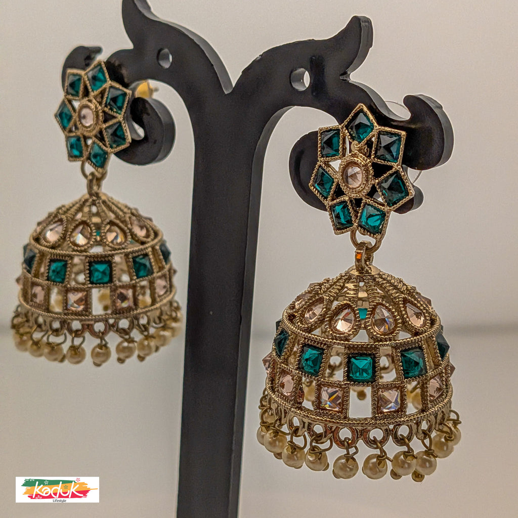 Emerald Green Kundan Jhumka Earrings with Pearl Drops