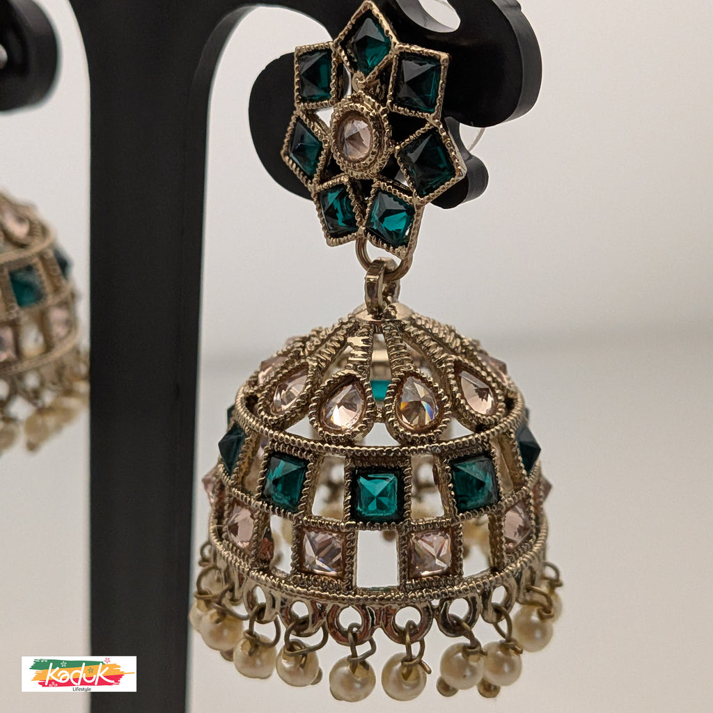 Emerald Green Kundan Jhumka Earrings with Pearl Drops