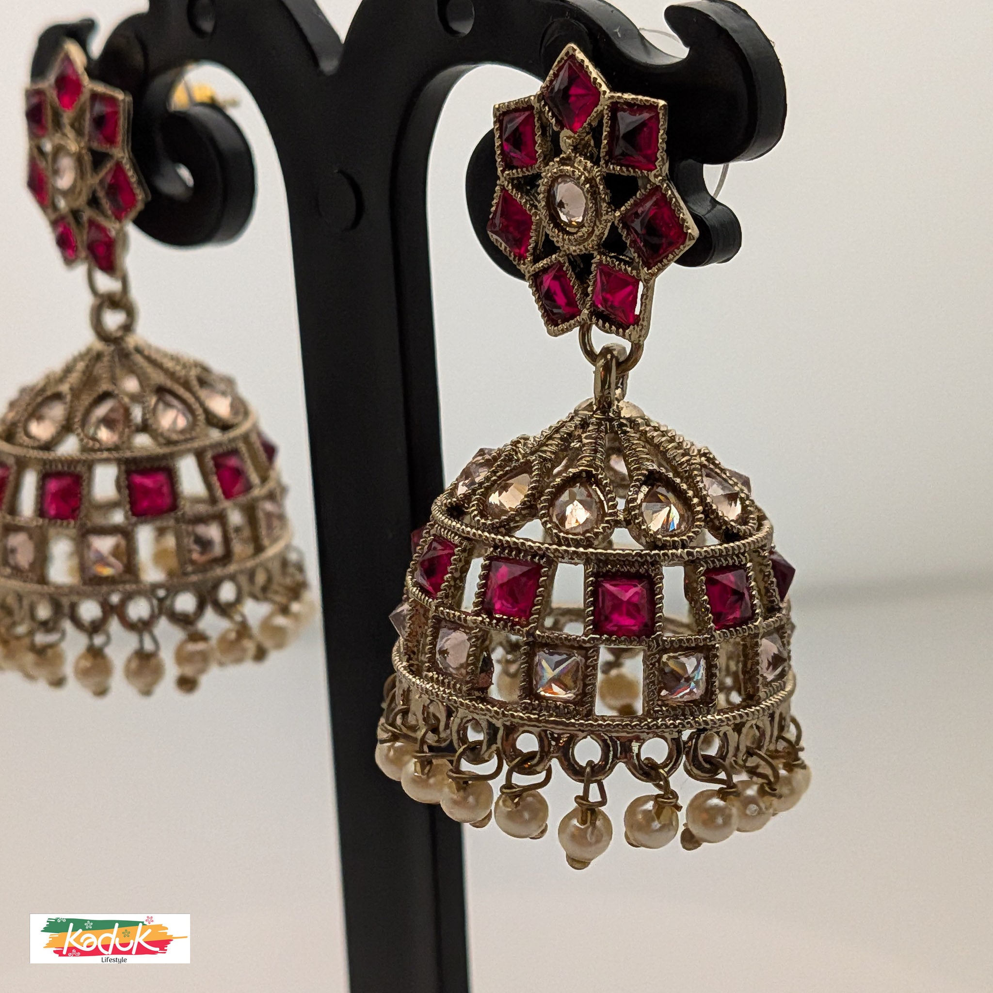 Rani Pink Kundan Jhumka Earrings with Pearl Drops
