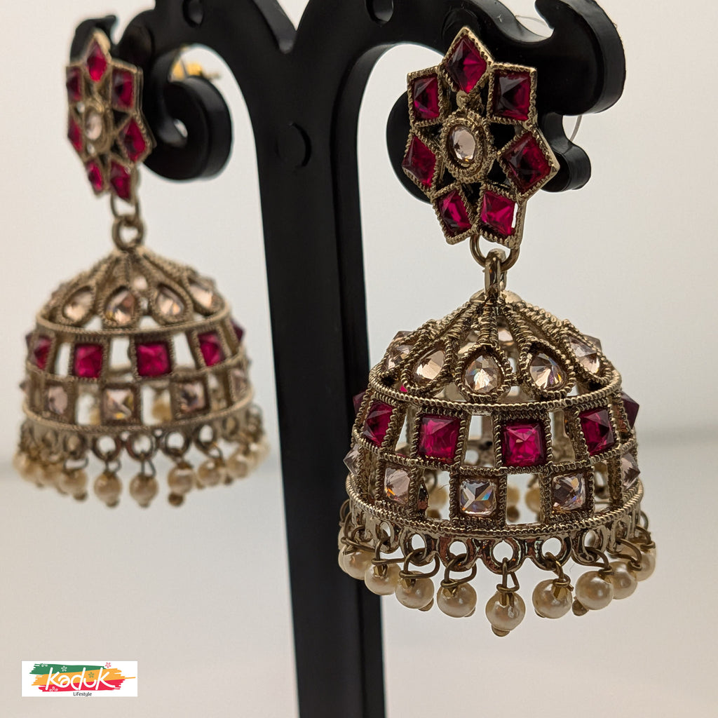 Rani Pink Kundan Jhumka Earrings with Pearl Drops