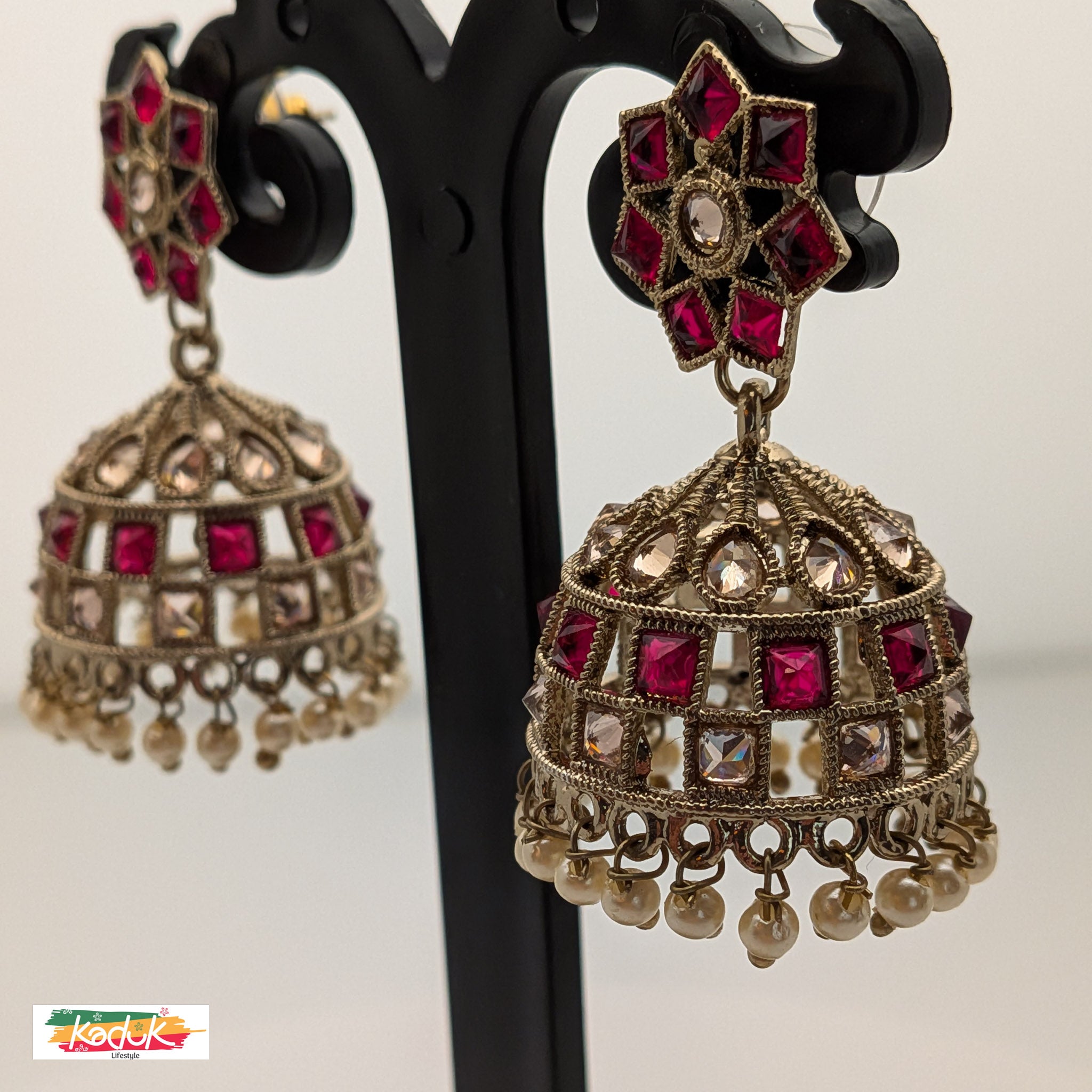 Rani Pink Kundan Jhumka Earrings with Pearl Drops