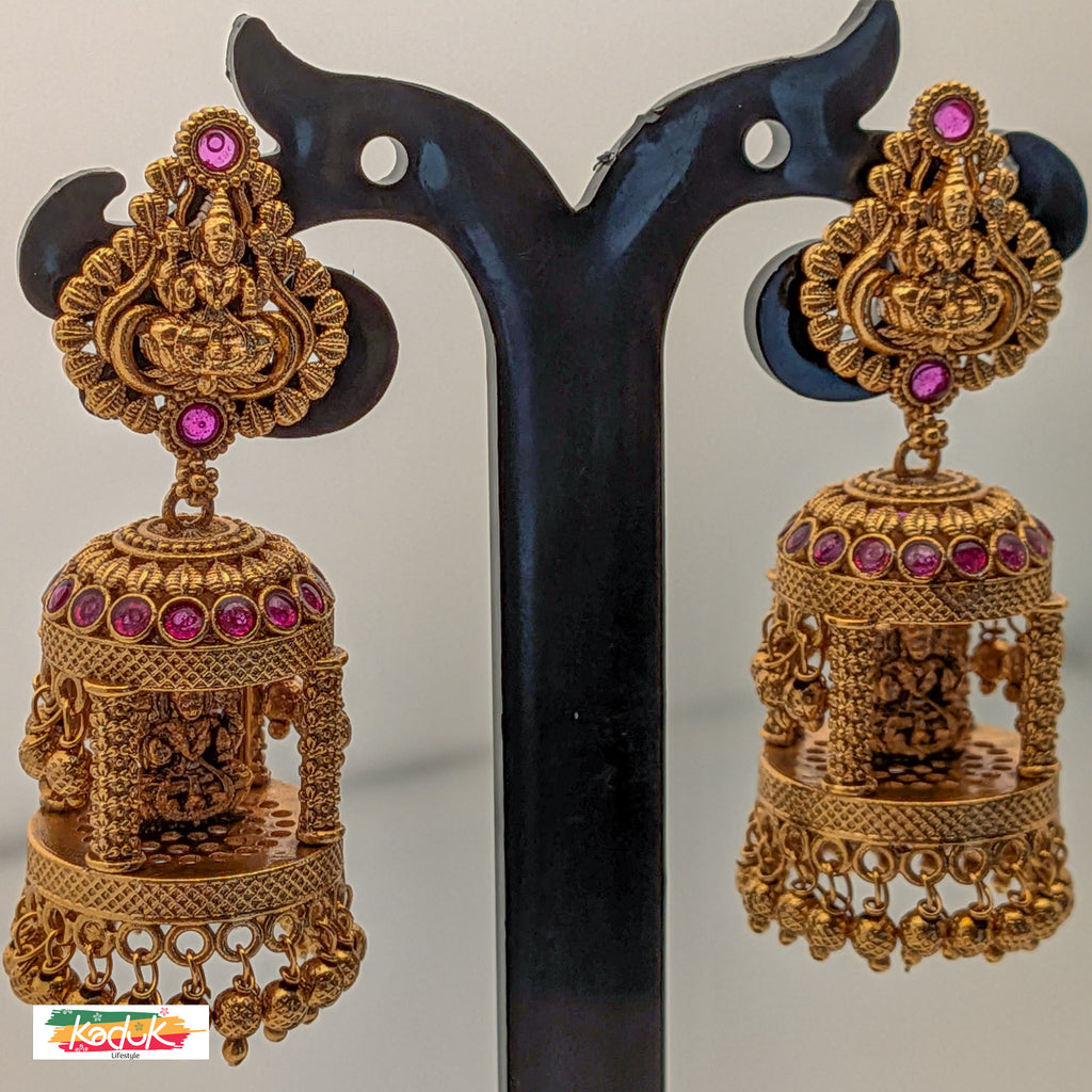 Antique Temple Jewellery Jhumkas with Goddess Motif & Ruby Stones