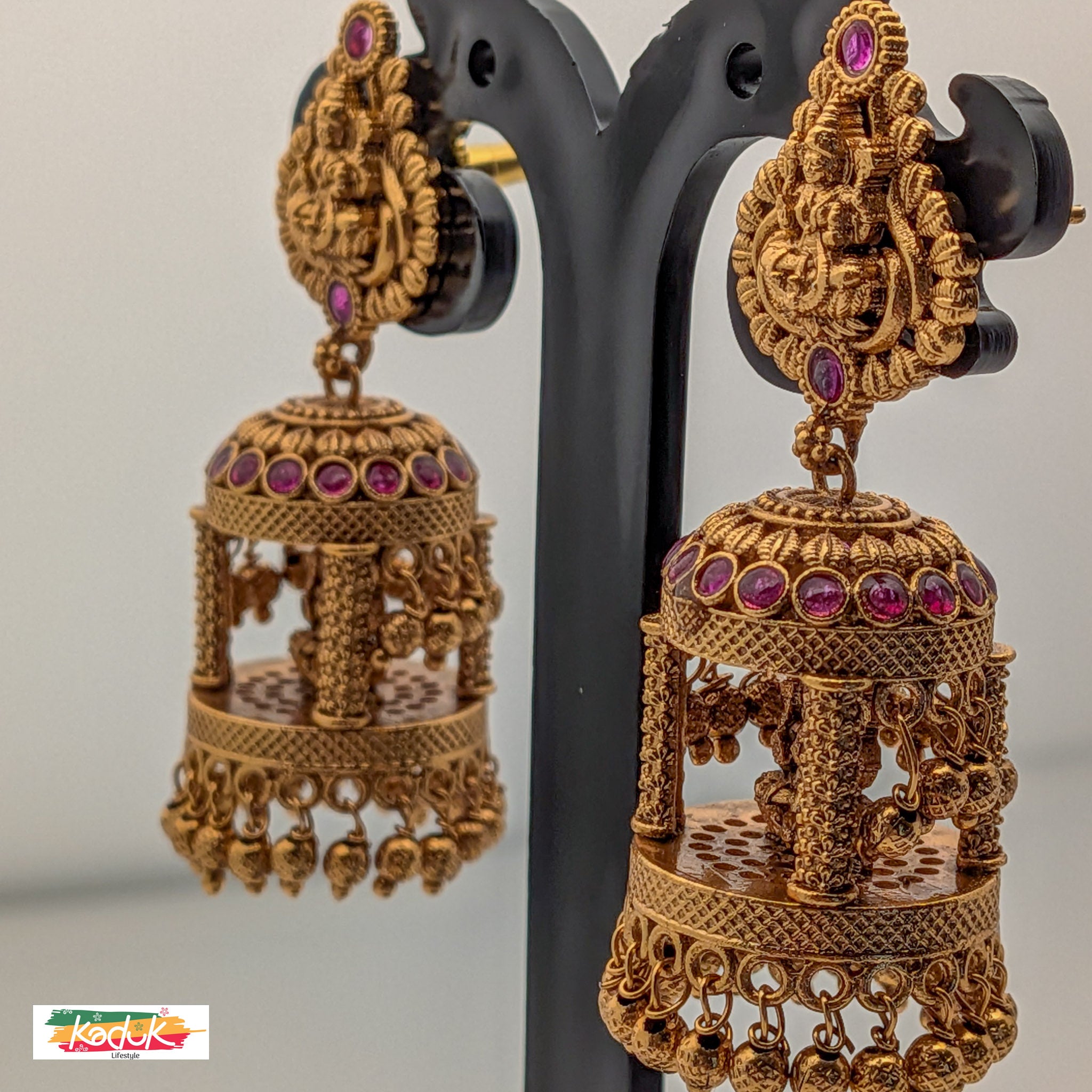 Antique Temple Jewellery Jhumkas with Goddess Motif & Ruby Stones