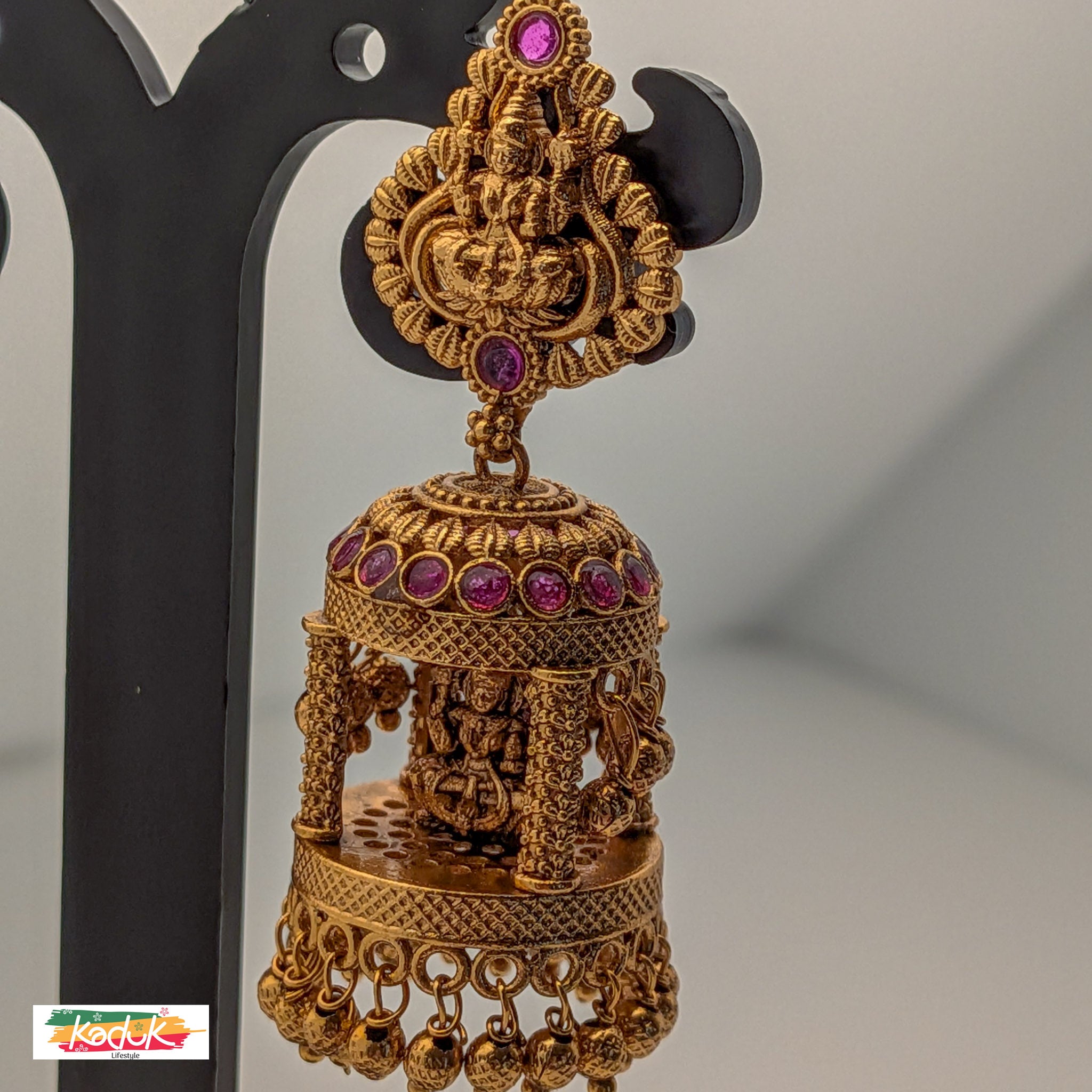 Antique Temple Jewellery Jhumkas with Goddess Motif & Ruby Stones