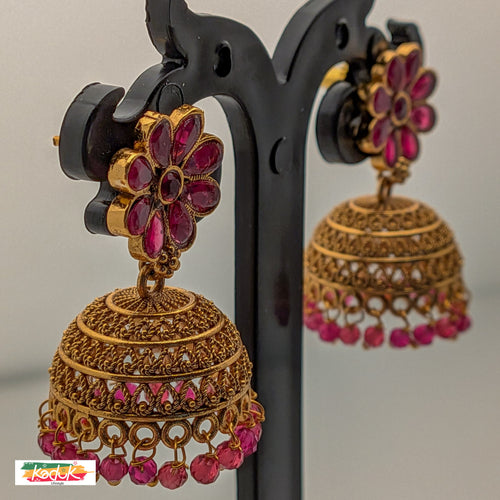 Antique Floral Ruby Stone Jhumkas – Traditional South Indian Design