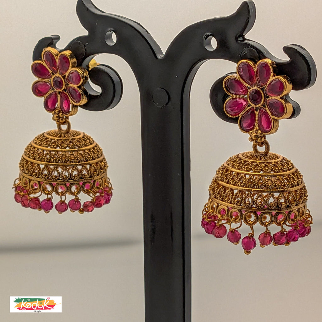 Antique Floral Ruby Stone Jhumkas – Traditional South Indian Design