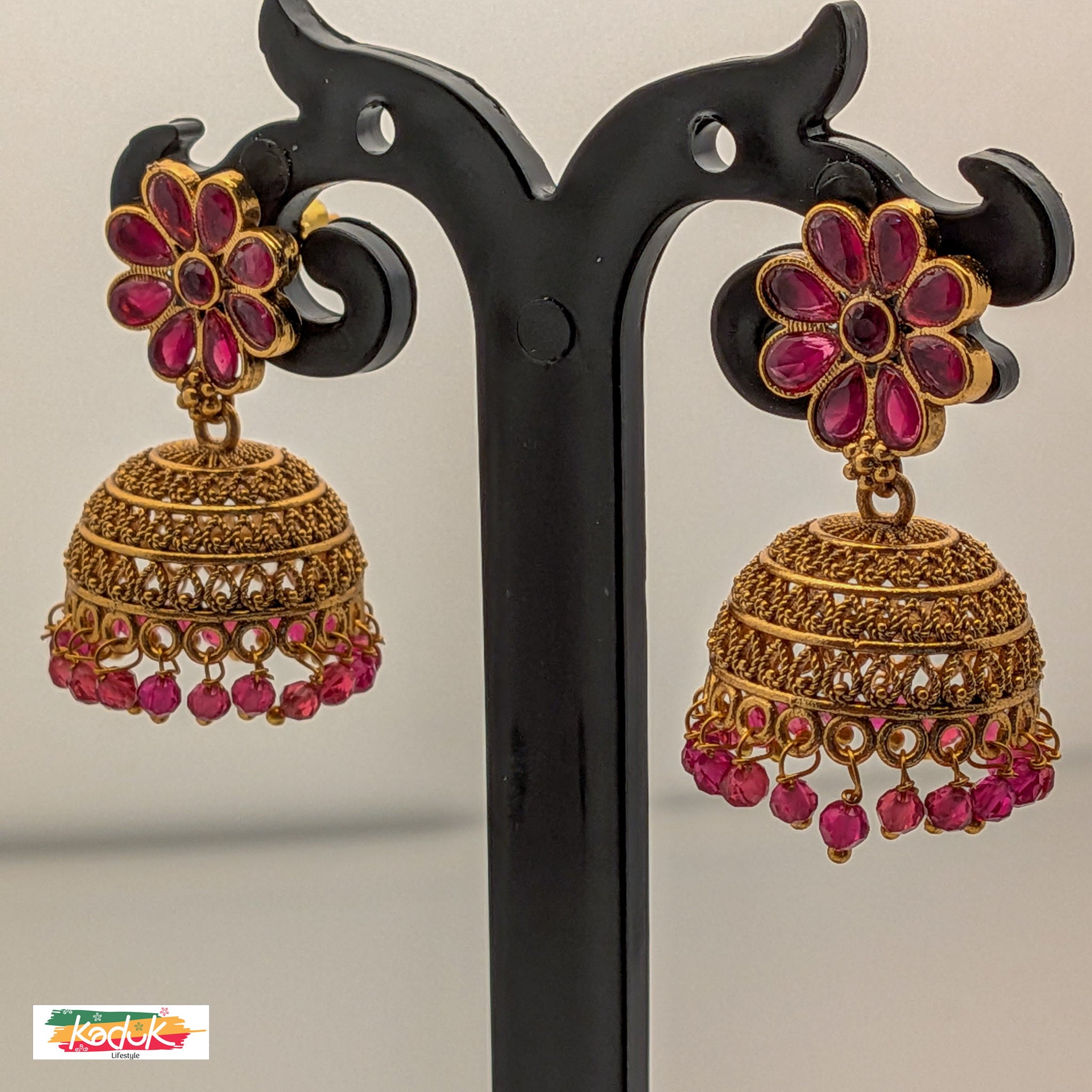 Antique Floral Ruby Stone Jhumkas – Traditional South Indian Design