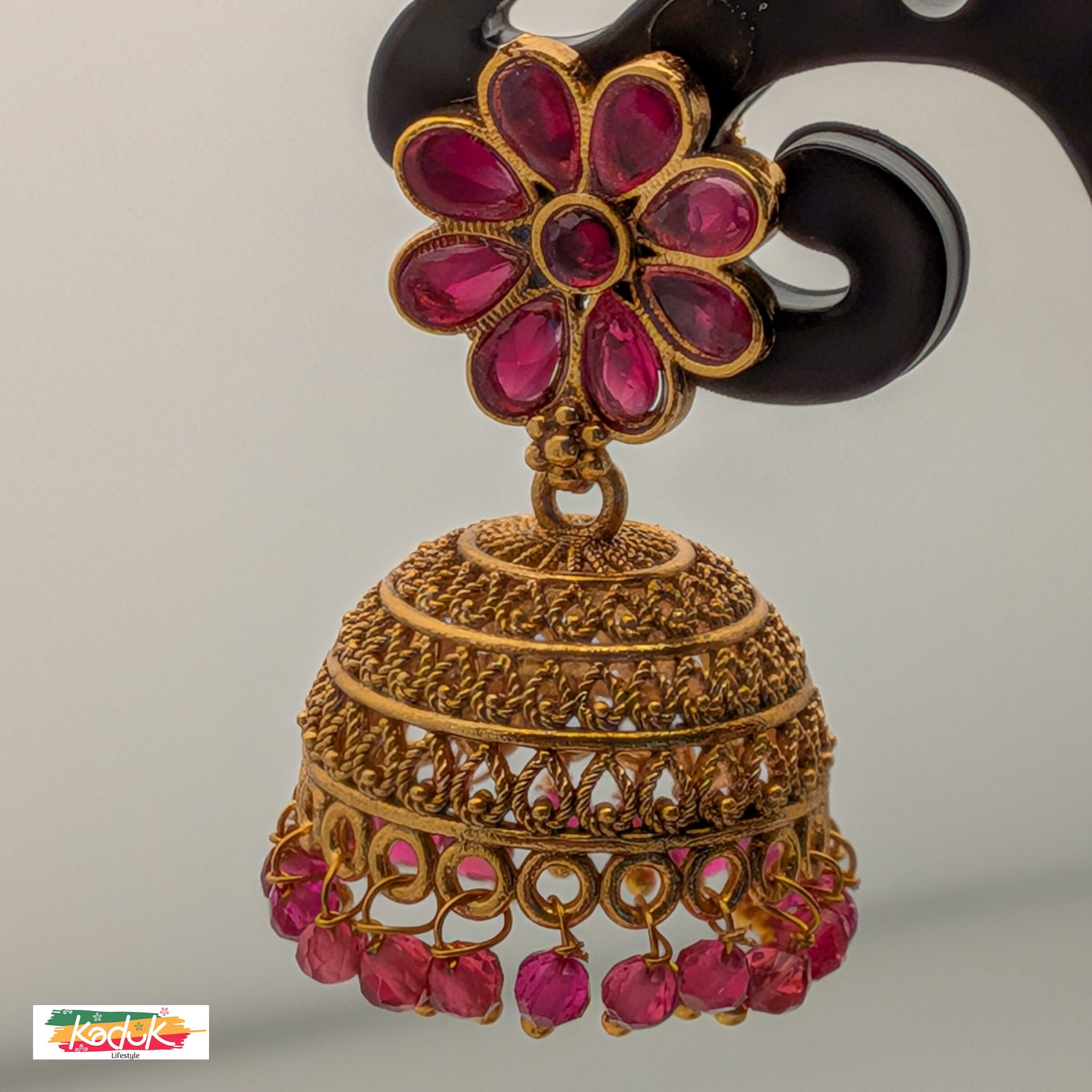 Antique Floral Ruby Stone Jhumkas – Traditional South Indian Design