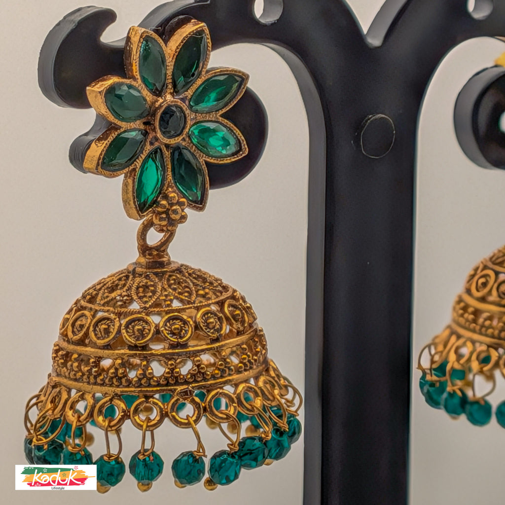 Emerald Floral Jhumka Earrings – Antique Gold with Green Beads