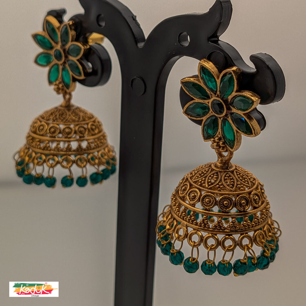 Emerald Floral Jhumka Earrings – Antique Gold with Green Beads