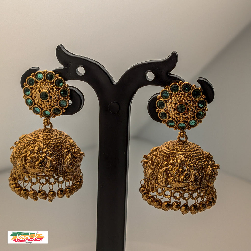 Antique Temple Jhumka Earrings – Goddess Motif with Green Stone Stud