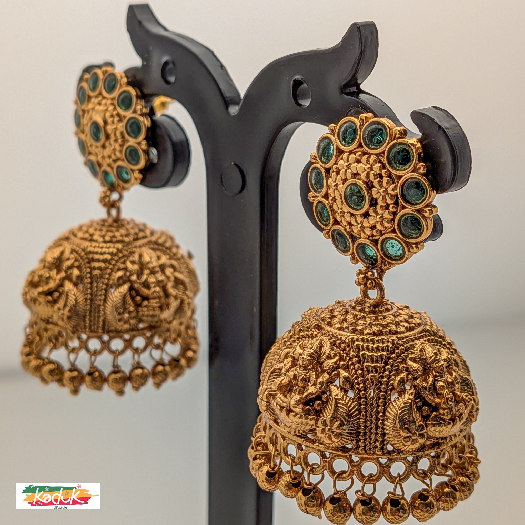 Antique Temple Jhumka Earrings – Goddess Motif with Green Stone Stud