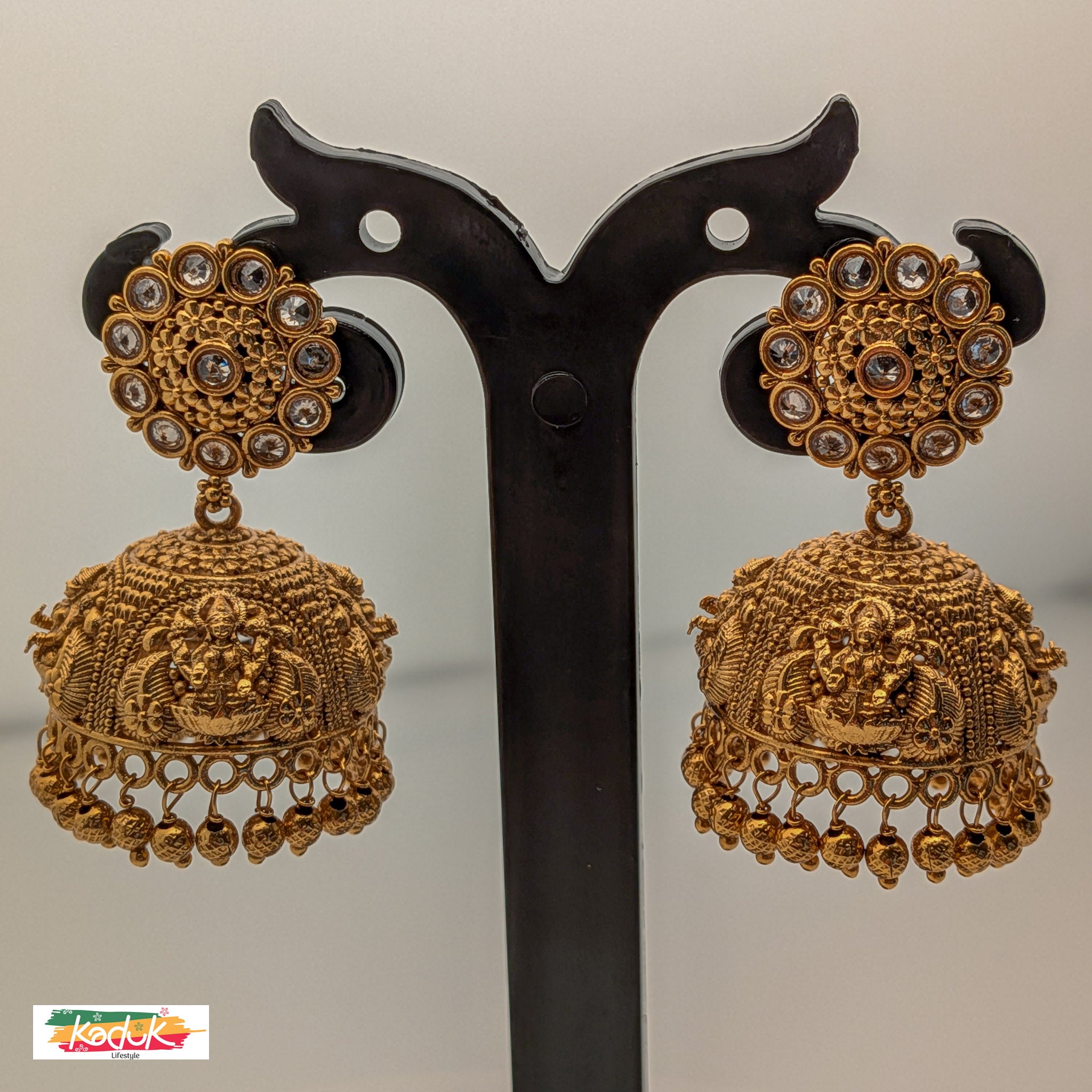 Antique Gold Temple Jhumka Earrings with White Kundan Studs – Bridal & Festive Jewellery