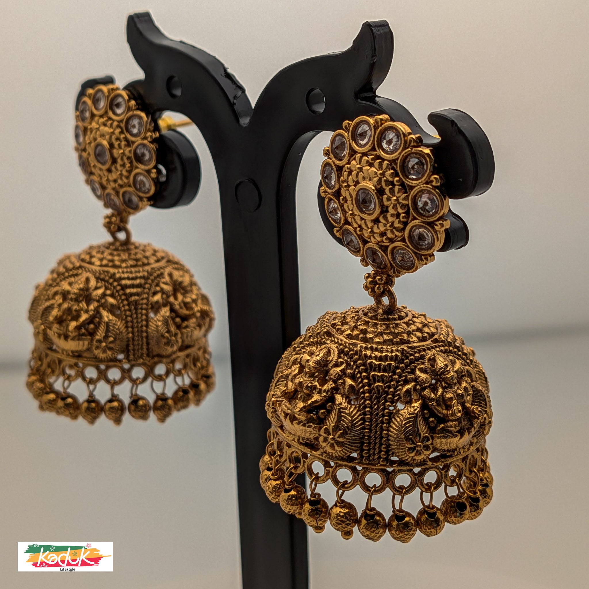 Antique Gold Temple Jhumka Earrings with White Kundan Studs – Bridal & Festive Jewellery