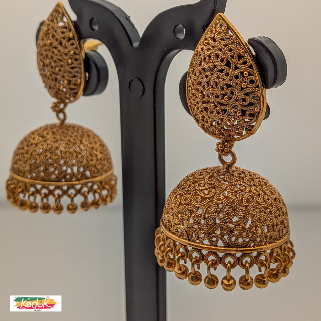 Antique Gold Filigree Dome Jhumka Earrings – Traditional Ethnic Jewellery