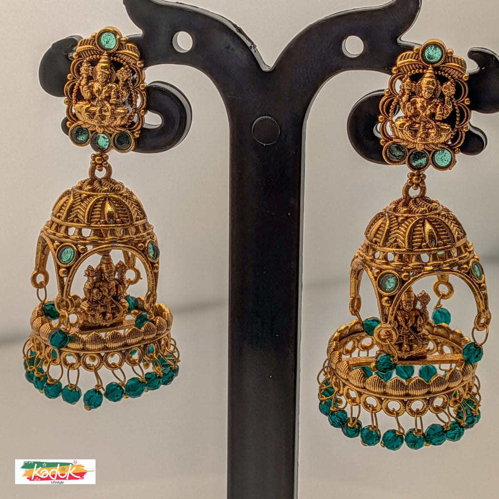 Temple Dome Jhumka Earrings with Green Beads – Antique Gold Finish