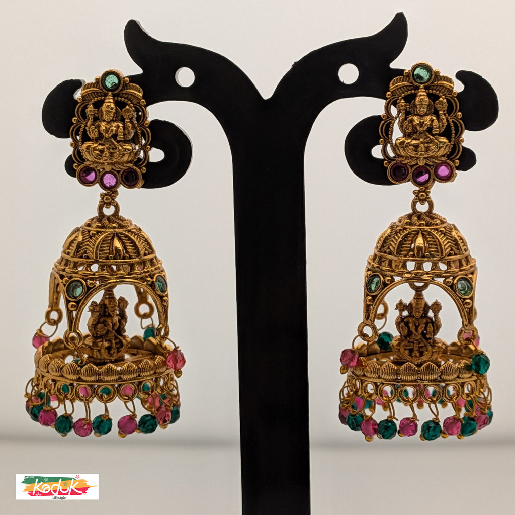 Temple Jhumka Earrings with Ruby & Green Beads – Antique Gold Finish