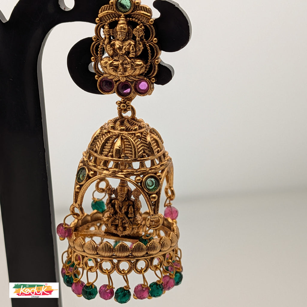 Temple Jhumka Earrings with Ruby & Green Beads – Antique Gold Finish