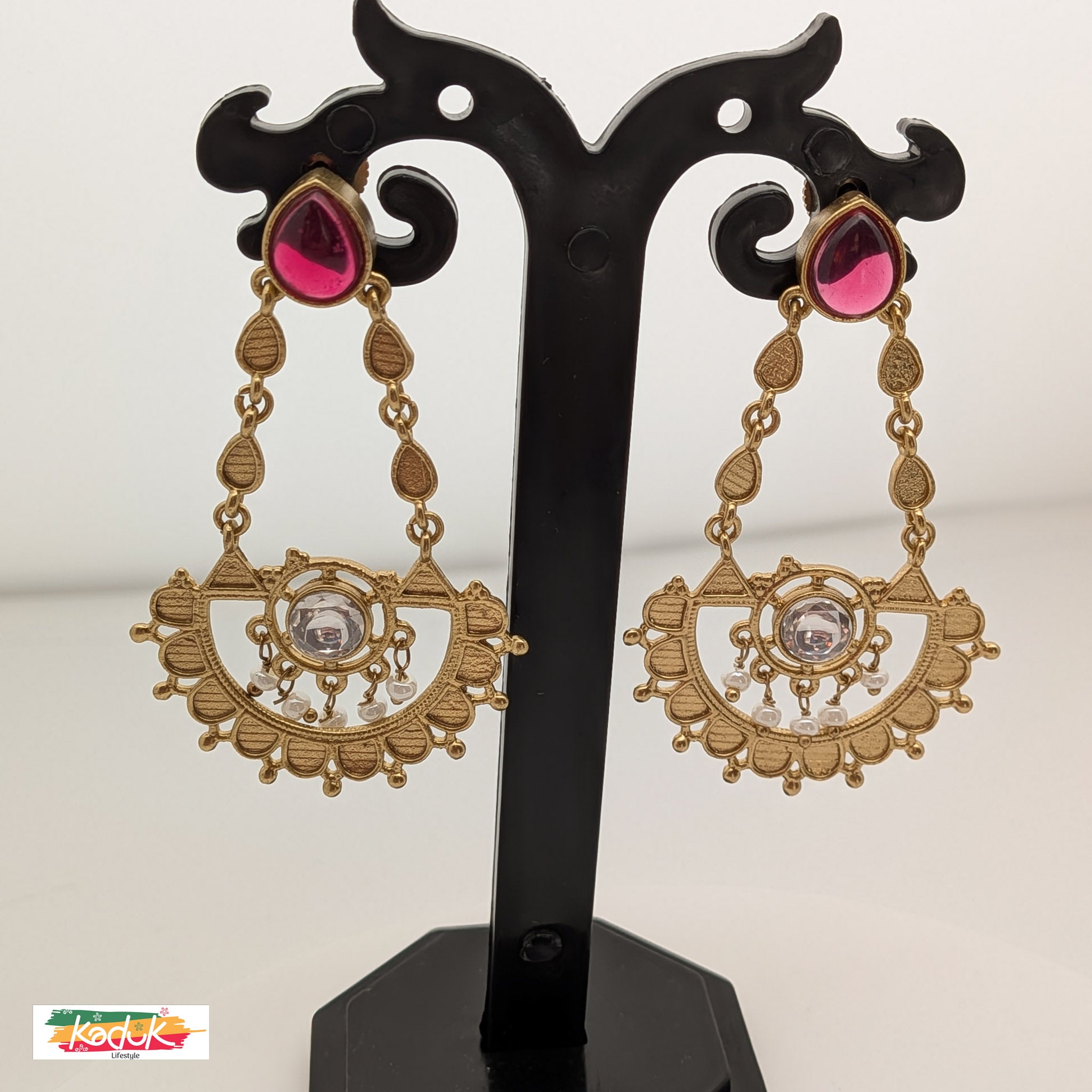 Antique Gold Pink Stud Drop Earrings with Mirror Stone Center