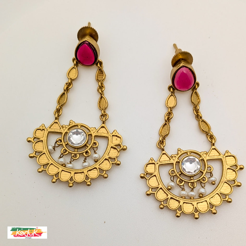 Antique Gold Pink Stud Drop Earrings with Mirror Stone Center