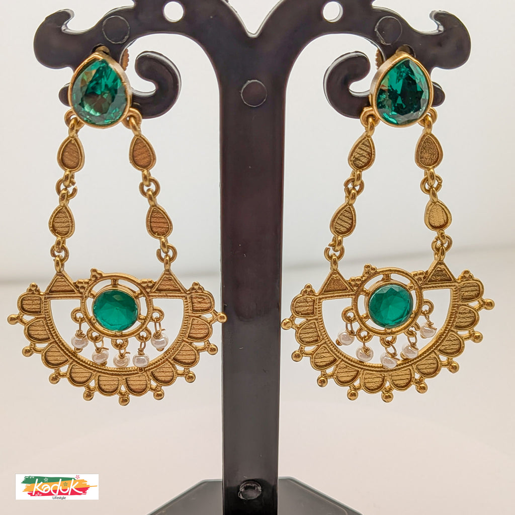 Antique Gold Green Stud Drop Earrings with Mirror Stone Center