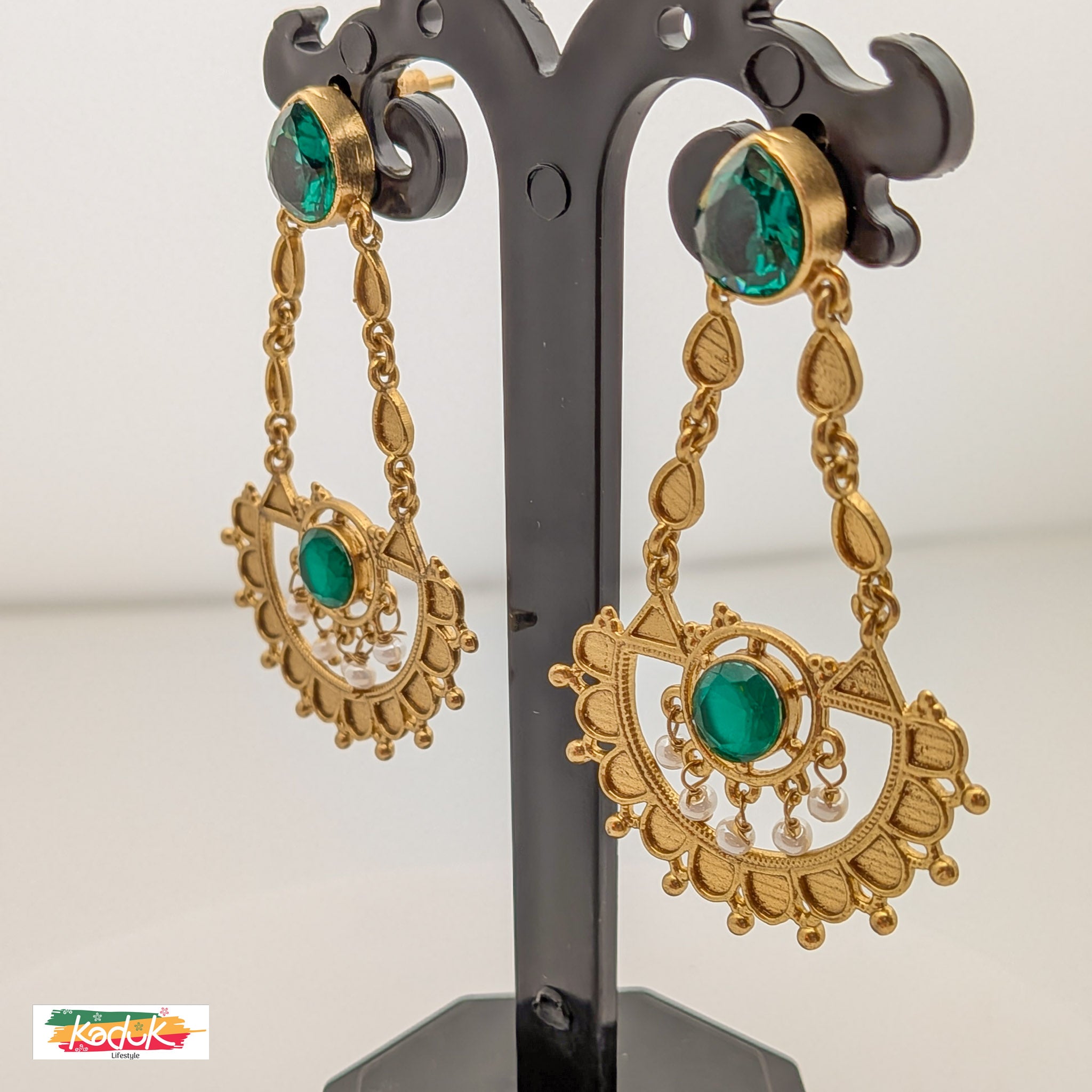 Antique Gold Green Stud Drop Earrings with Mirror Stone Center