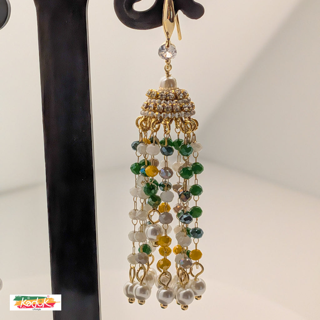Antique Gold Multicolor Beaded Tassel Earrings with Pearls