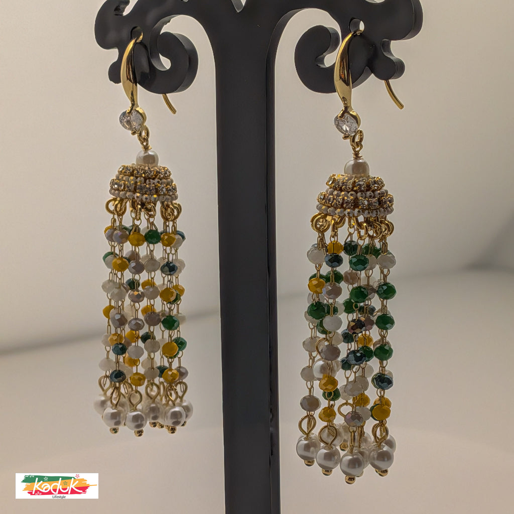 Antique Gold Multicolor Beaded Tassel Earrings with Pearls