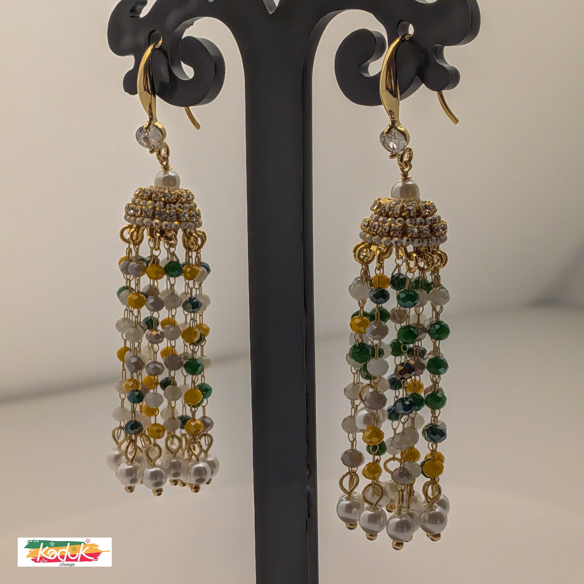 Antique Gold Multicolor Beaded Tassel Earrings with Pearls