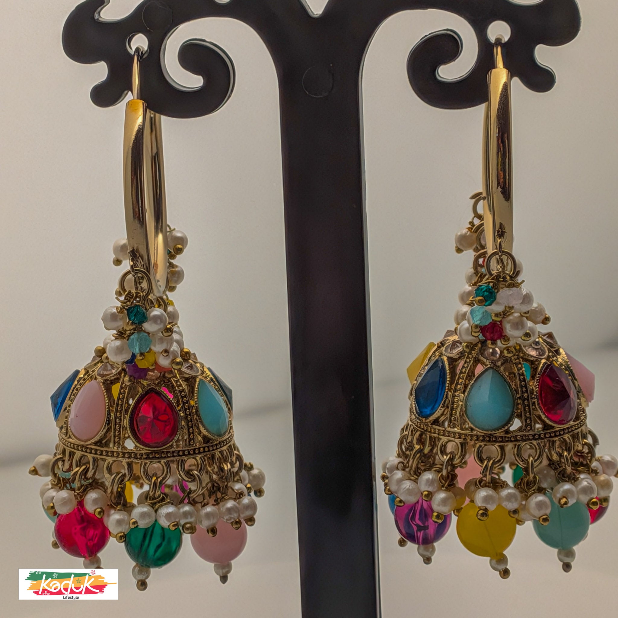 Multicolor Kundan Jhumka Earrings with Pearls & Bead Drops