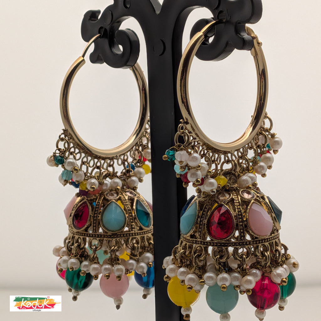 Multicolor Kundan Jhumka Earrings with Pearls & Bead Drops