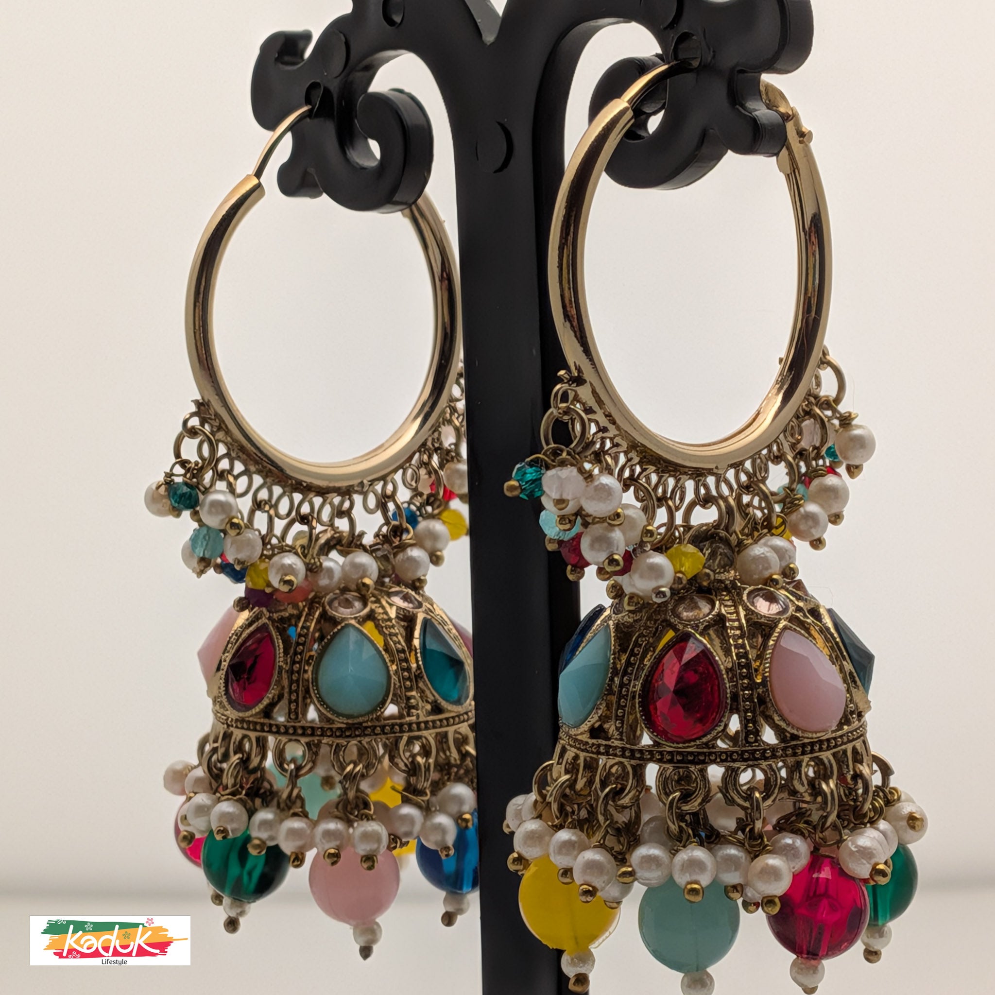 Multicolor Kundan Jhumka Earrings with Pearls & Bead Drops