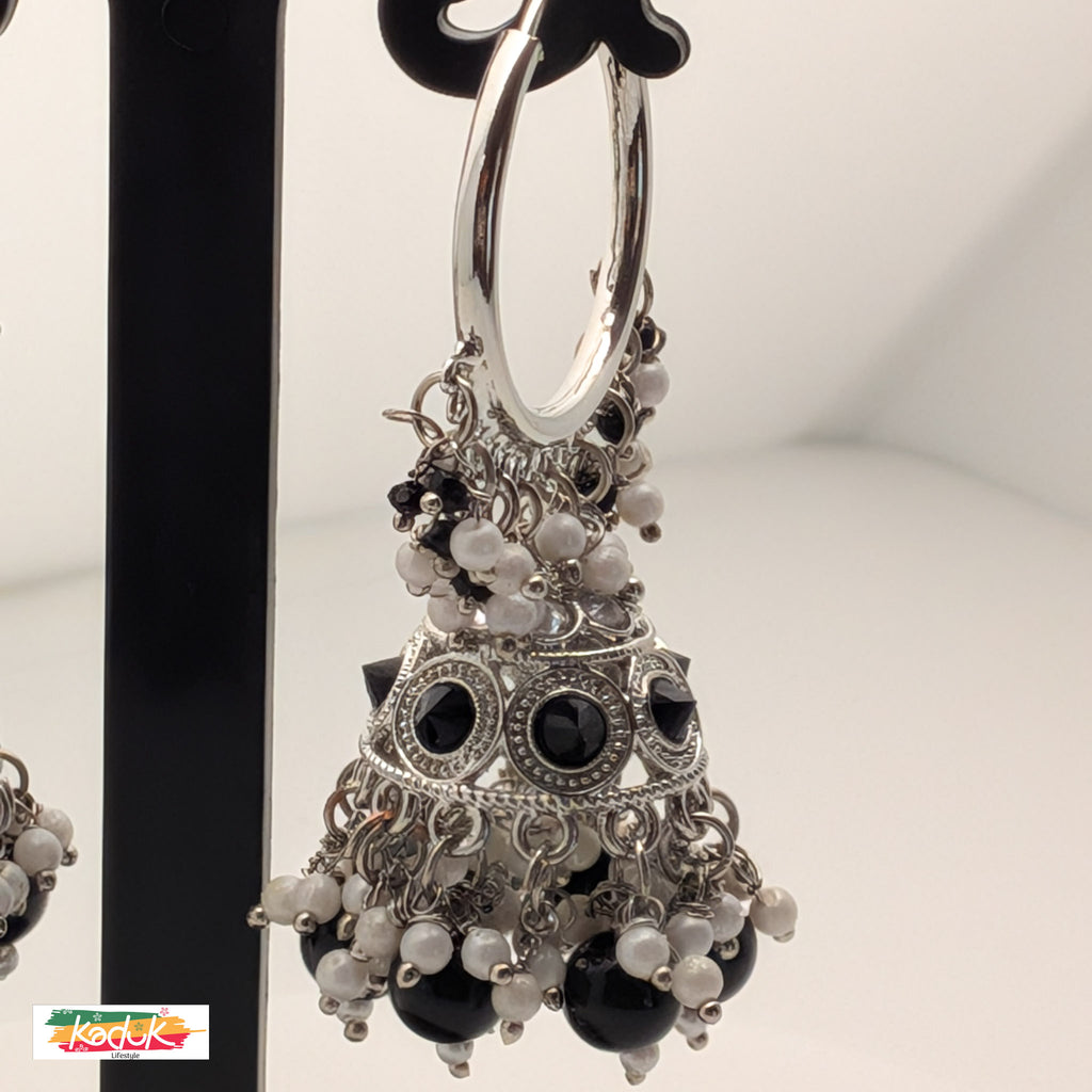 Black & White Beaded Jhumka Earrings with Antique Silver Finish