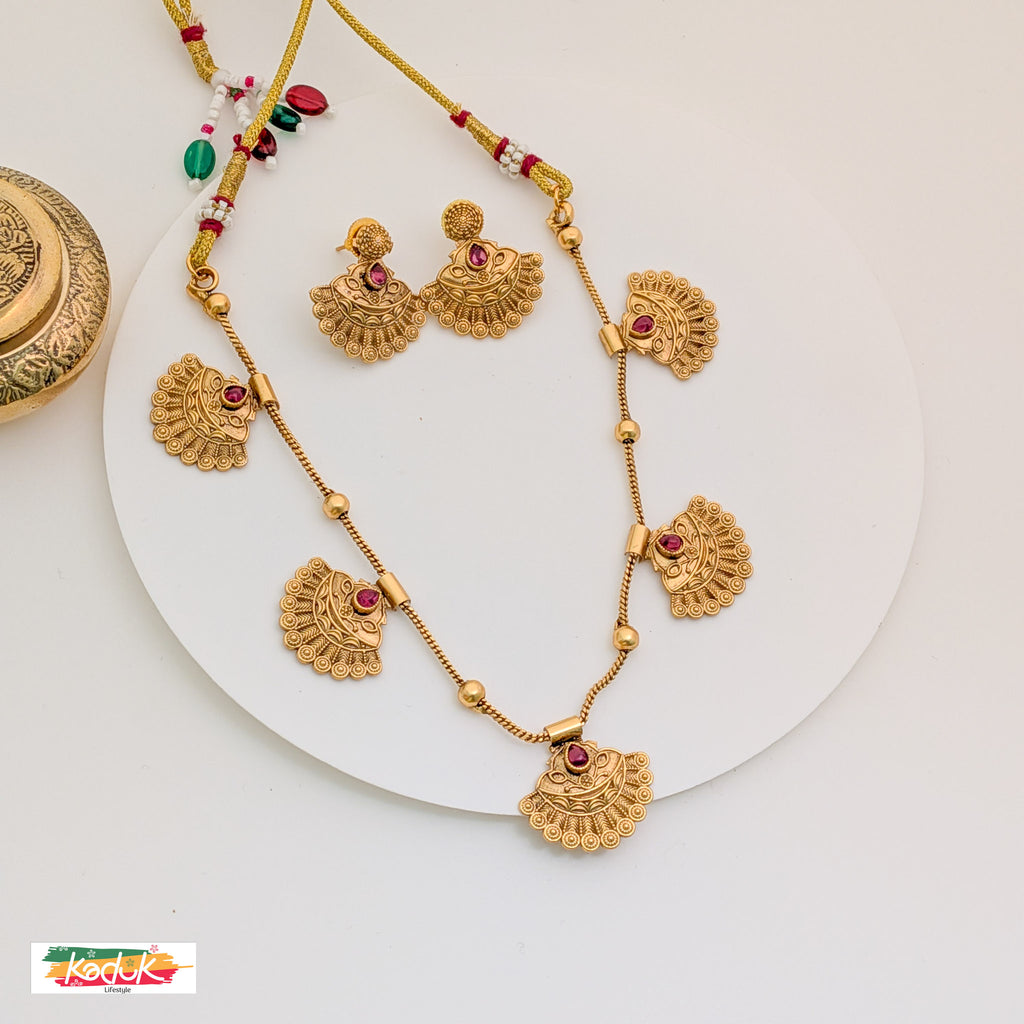 Antique Temple Necklace with Fan Motifs & Earrings – Gold Finish