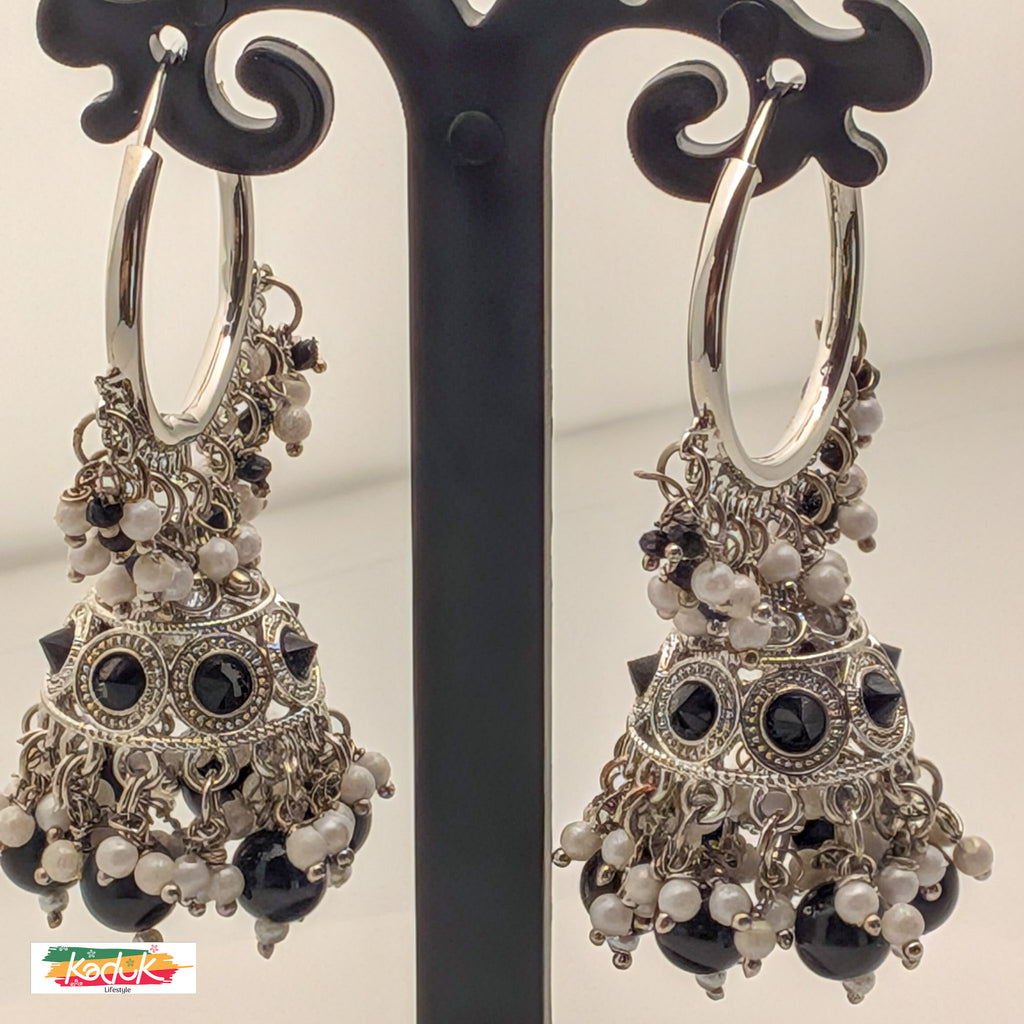 Black & White Beaded Jhumka Earrings with Antique Silver Finish