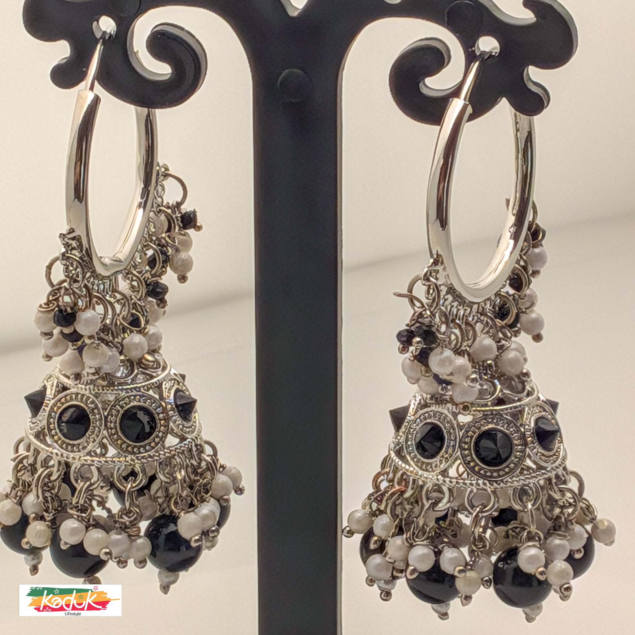 Black & White Beaded Jhumka Earrings with Antique Silver Finish