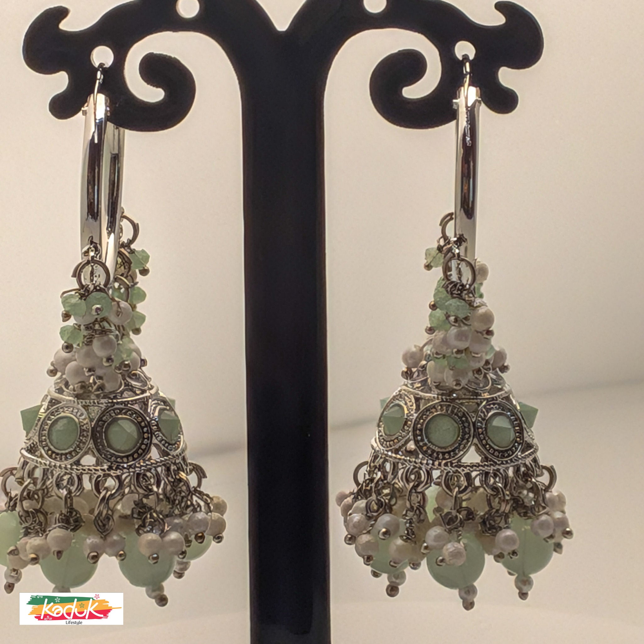 Mint Green Beaded Jhumka Earrings with Antique Silver Finish