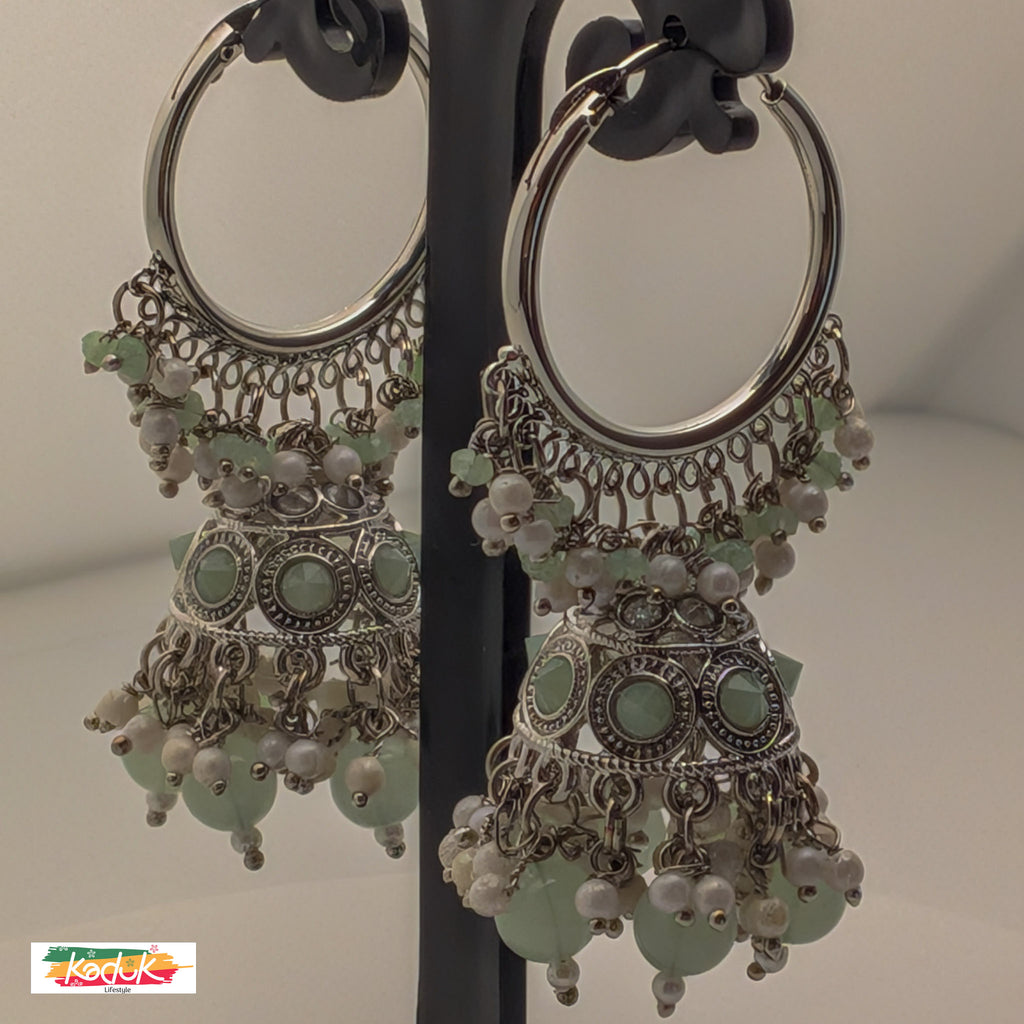Mint Green Beaded Jhumka Earrings with Antique Silver Finish