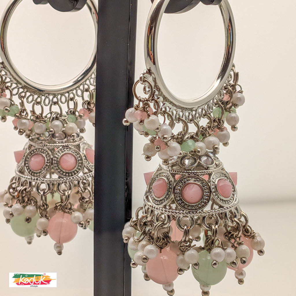 Pastel Pink & Green Beaded Jhumka Earrings with Antique Silver Finish
