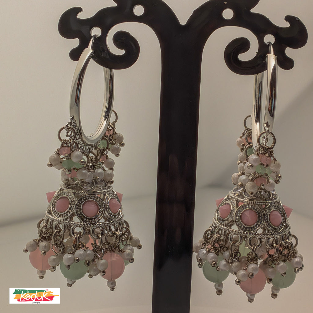 Pastel Pink & Green Beaded Jhumka Earrings with Antique Silver Finish