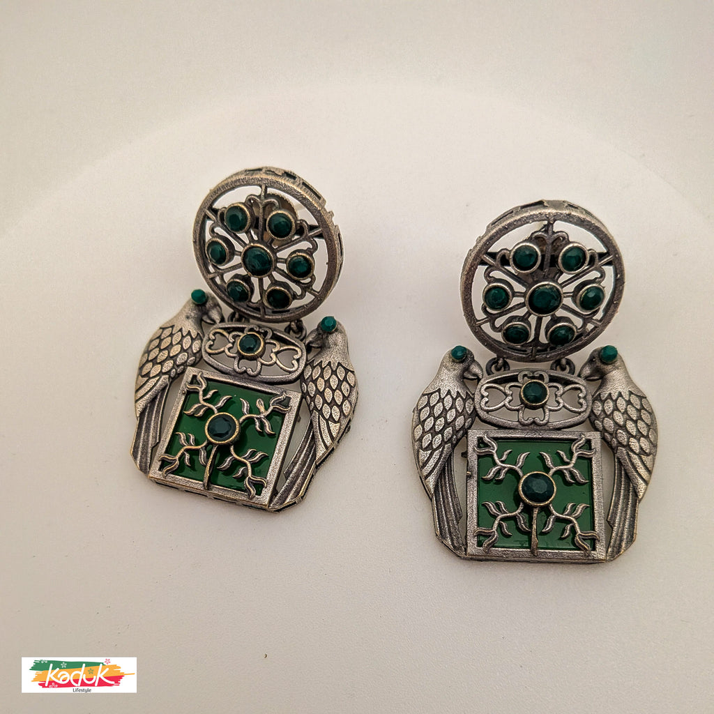 Antique Silver Tribal Earrings with Green Enamel & Bird Motif