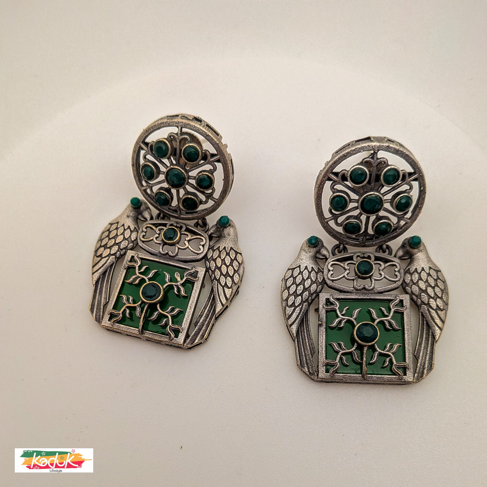 Antique Silver Tribal Earrings with Green Enamel & Bird Motif