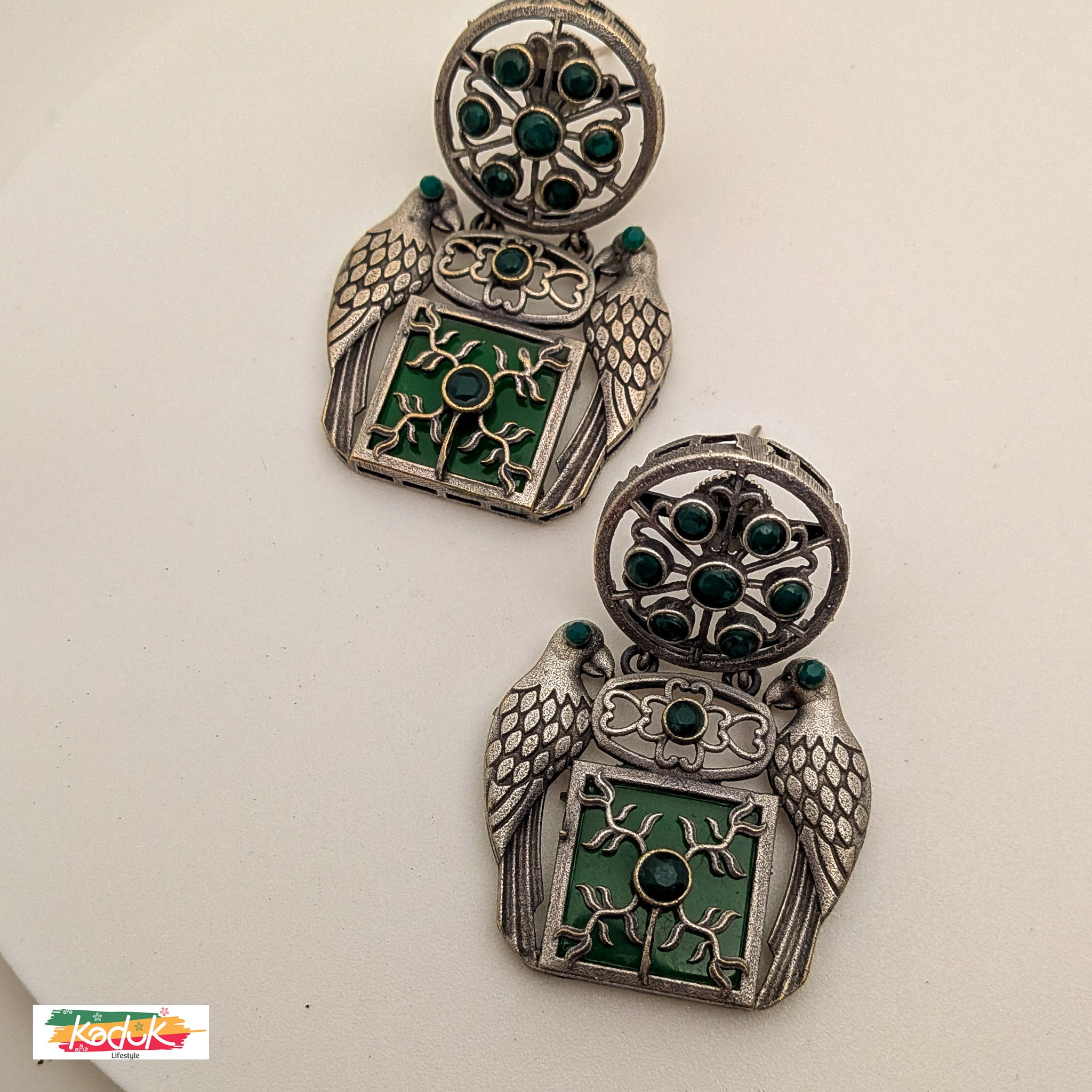 Antique Silver Tribal Earrings with Green Enamel & Bird Motif