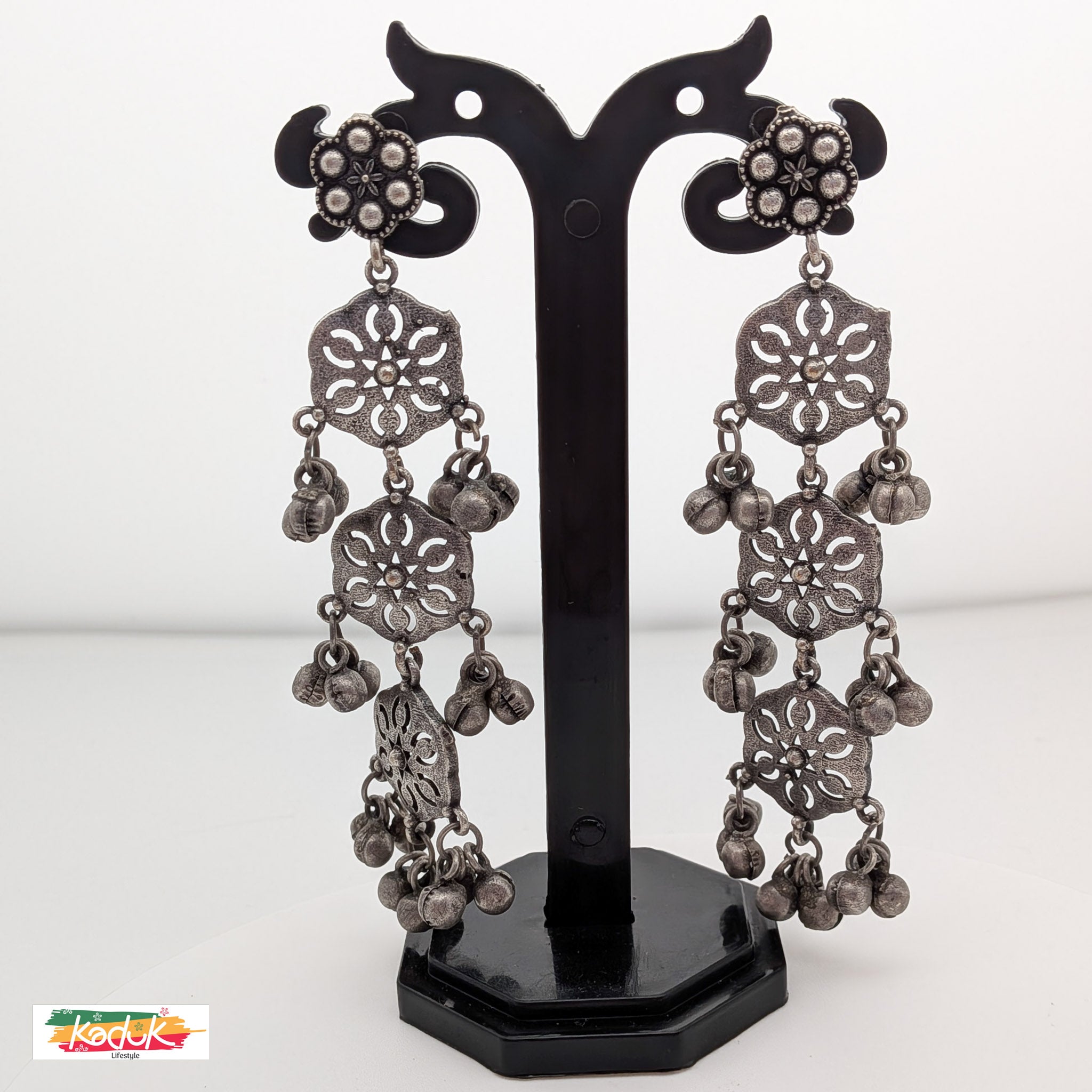 Antique Silver Long Dangler Earrings with Floral Motif & Ghungroo
