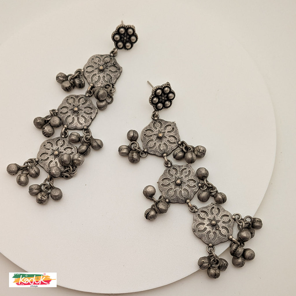 Antique Silver Long Dangler Earrings with Floral Motif & Ghungroo