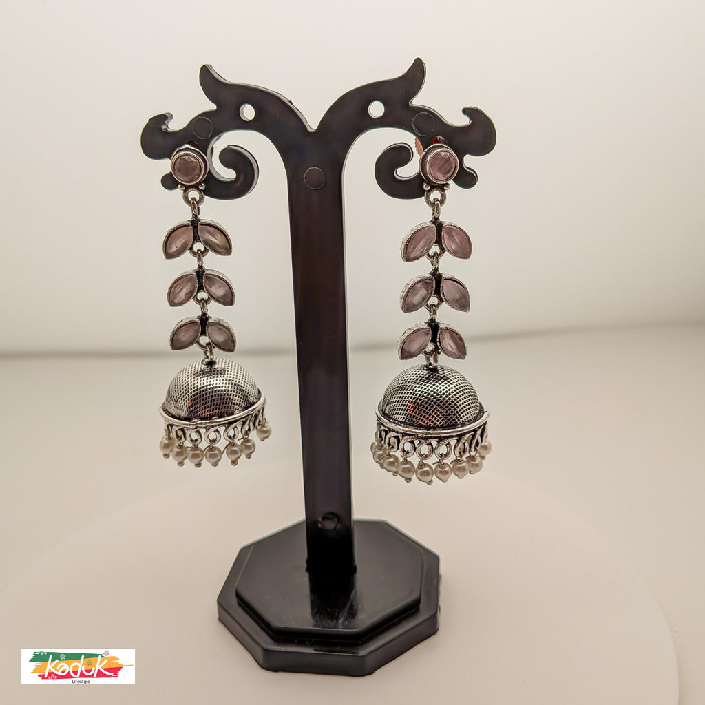 Oxidized Silver Long Leaf Dangler Jhumka with Beaded Drops