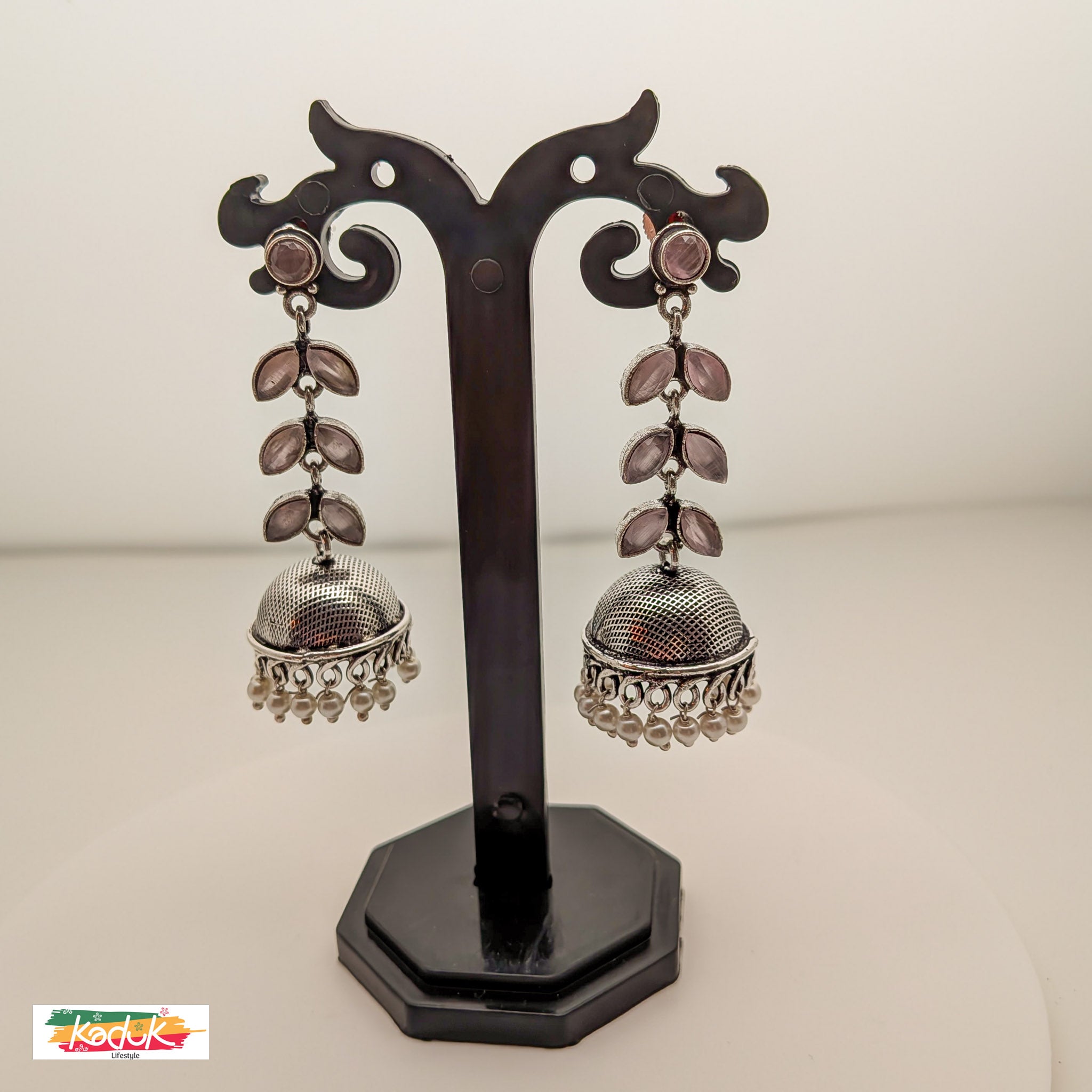 Oxidized Silver Long Leaf Dangler Jhumka with Beaded Drops