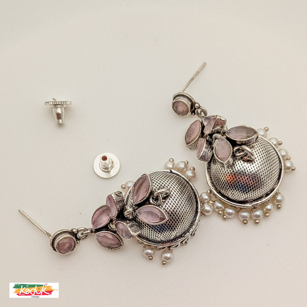 Oxidized Silver Long Leaf Dangler Jhumka with Beaded Drops