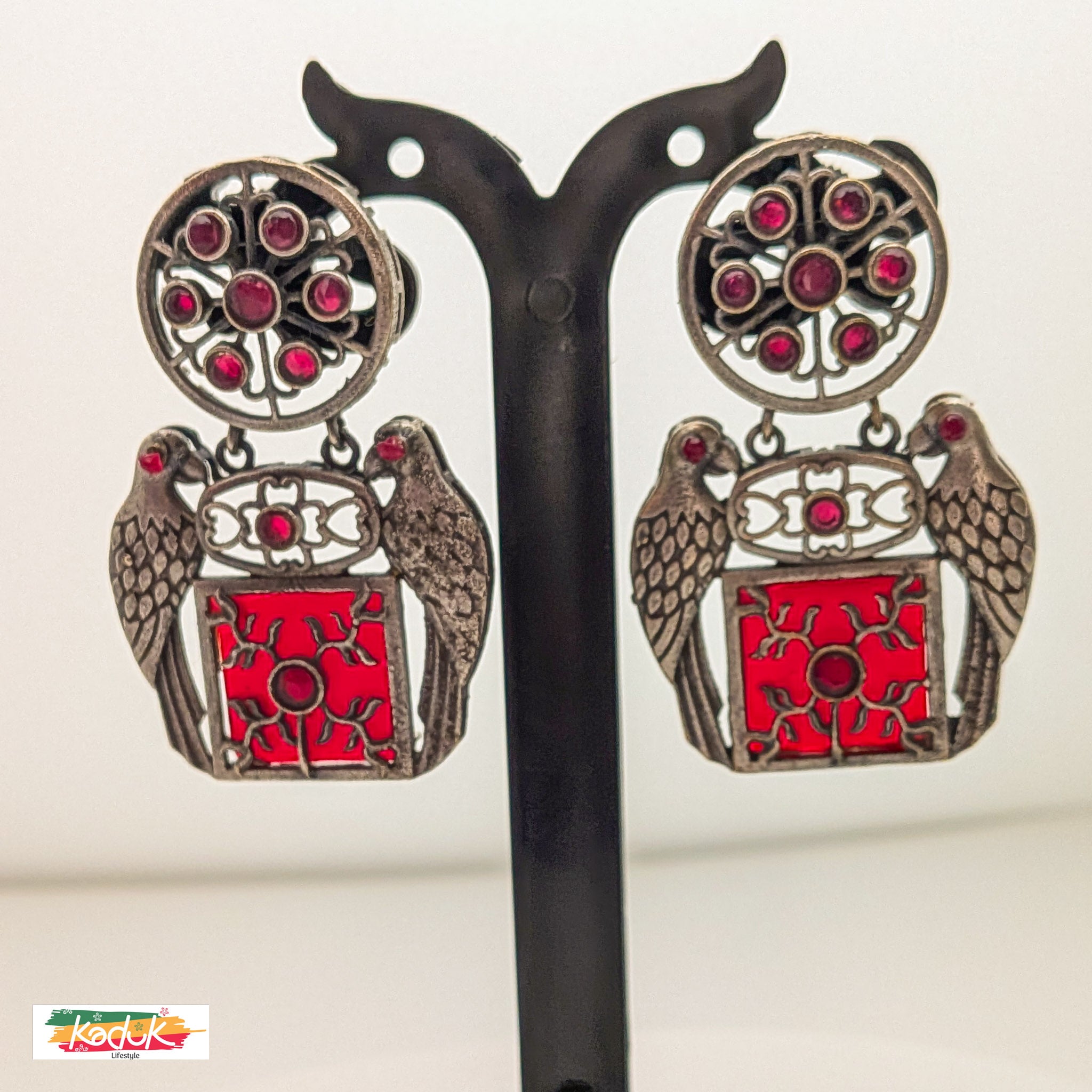 Oxidized Silver Parrot Motif Stud Earrings with Ruby Red Enamel Work